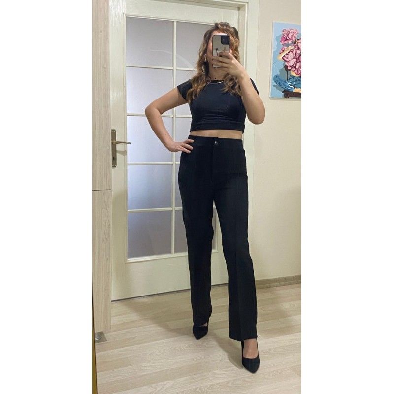 ÖNÜ ÇİMALI KREP LİKRALI PANTOLON - SİYAH