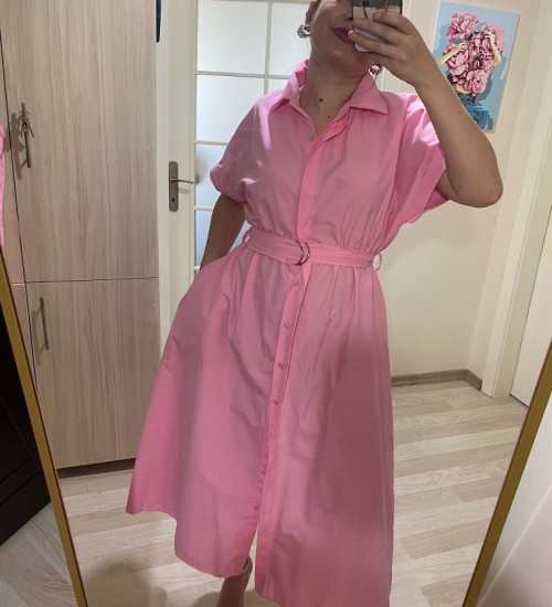 Gömlek Yaka Boydan Düğmeli Kemerli Elbise / Pembe