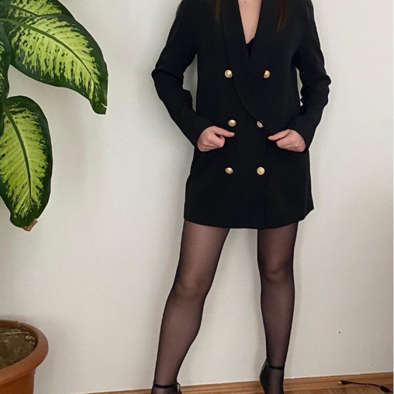 Gold Düğme Detaylı Kruvaze Ceket - SİYAH