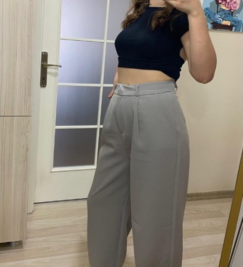 Gri Tek Pile Detay Palazzo Pantolon