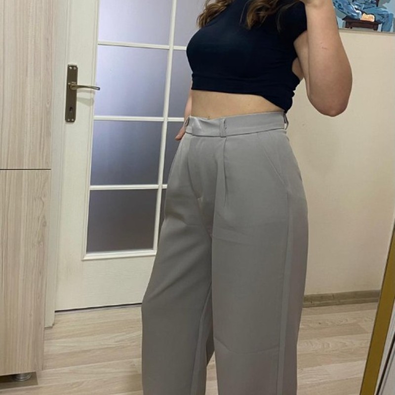 Gri Tek Pile Detay Palazzo Pantolon