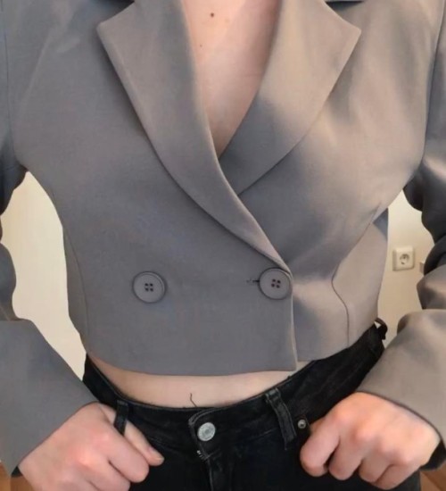 Tek Düğmeli Crop Ceket Gri