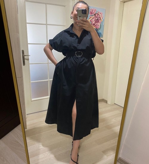 Gömlek Yaka Boydan Düğmeli Kemerli Elbise / Siyah