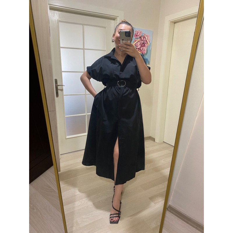 Gömlek Yaka Boydan Düğmeli Kemerli Elbise / Siyah