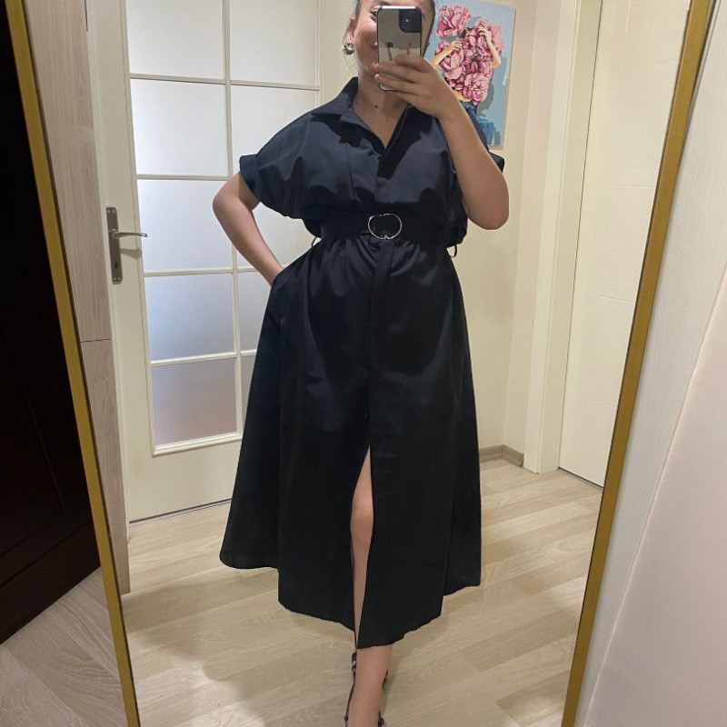 Gömlek Yaka Boydan Düğmeli Kemerli Elbise / Siyah