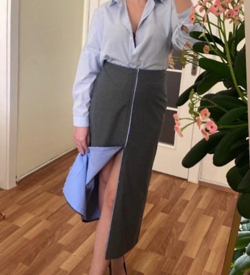 Garni Detaylı Önden Yırtmaçlı Midi Etek Gri