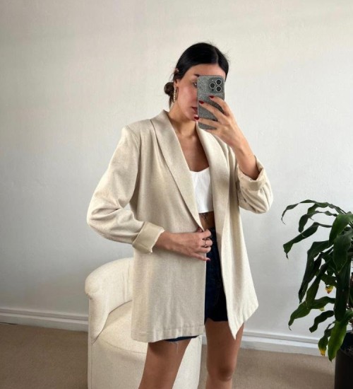 Kruvaze Yaka Keten Ceket - Krem 