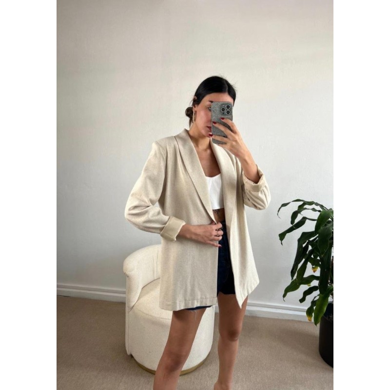 Kruvaze Yaka Keten Ceket - Krem 