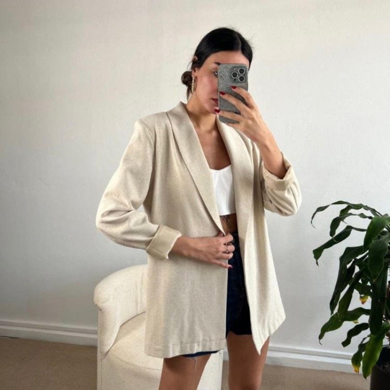 Kruvaze Yaka Keten Ceket - Krem 