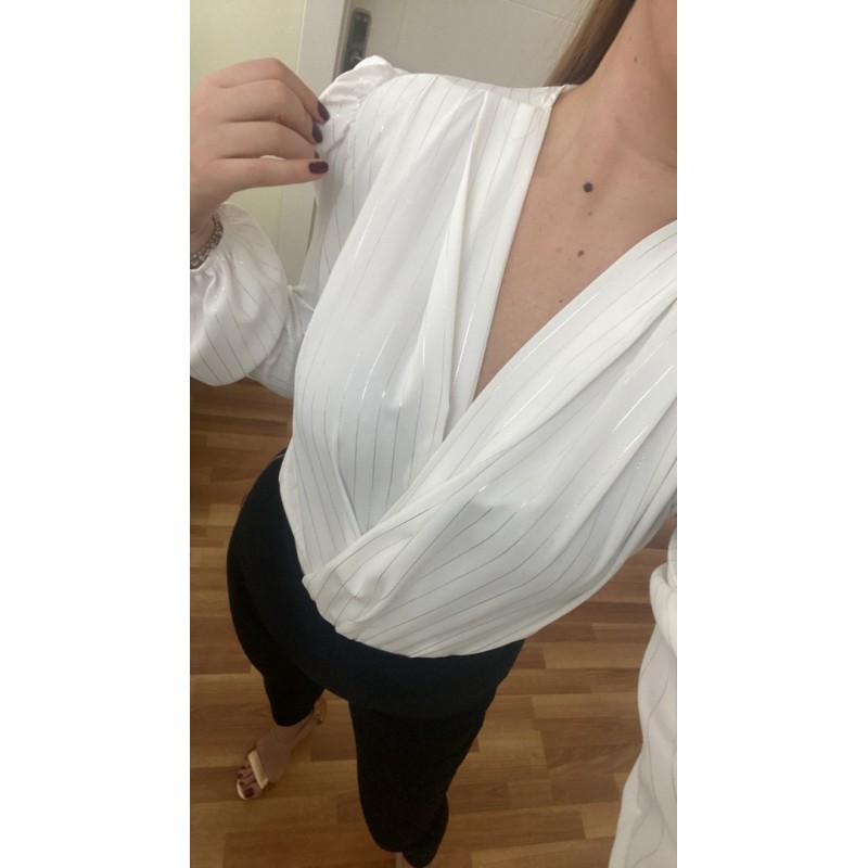 Parlak Çizgili Bodysuit Bluz - EKRU