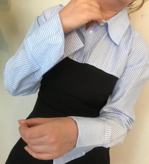 GARNİLİ ÇİZGİLİ MİNİ GÖMLEK ELBİSE