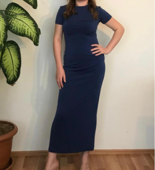 Penye Kumaş Likralı Uzun Elbise - Lacivert