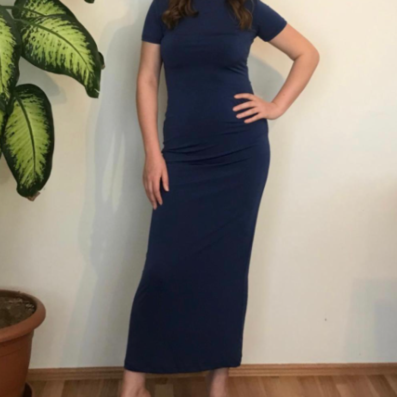 Penye Kumaş Likralı Uzun Elbise - Lacivert