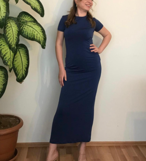 Penye Kumaş Likralı Uzun Elbise - Lacivert