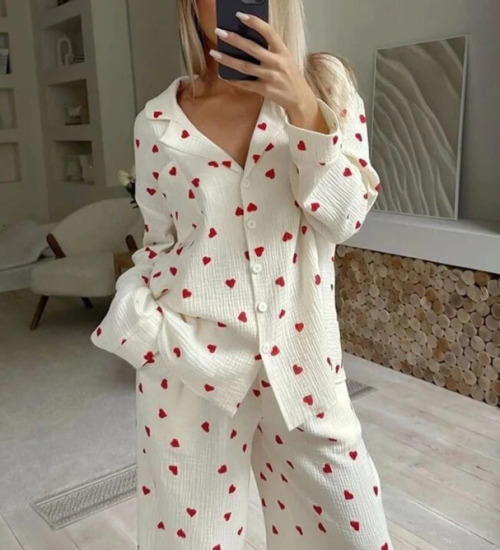 Beatiful Krinkıl Örme Kumaş Kalpli Pijama Takımı