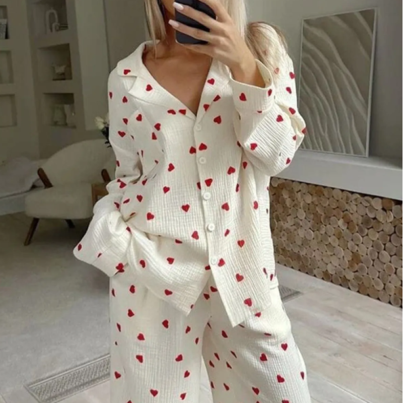 Beatiful Krinkıl Örme Kumaş Kalpli Pijama Takımı 