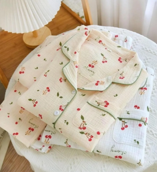 Beatiful Krinkıl Örme Little Cherry Special Kumaş Pijama Takımı Beyaz