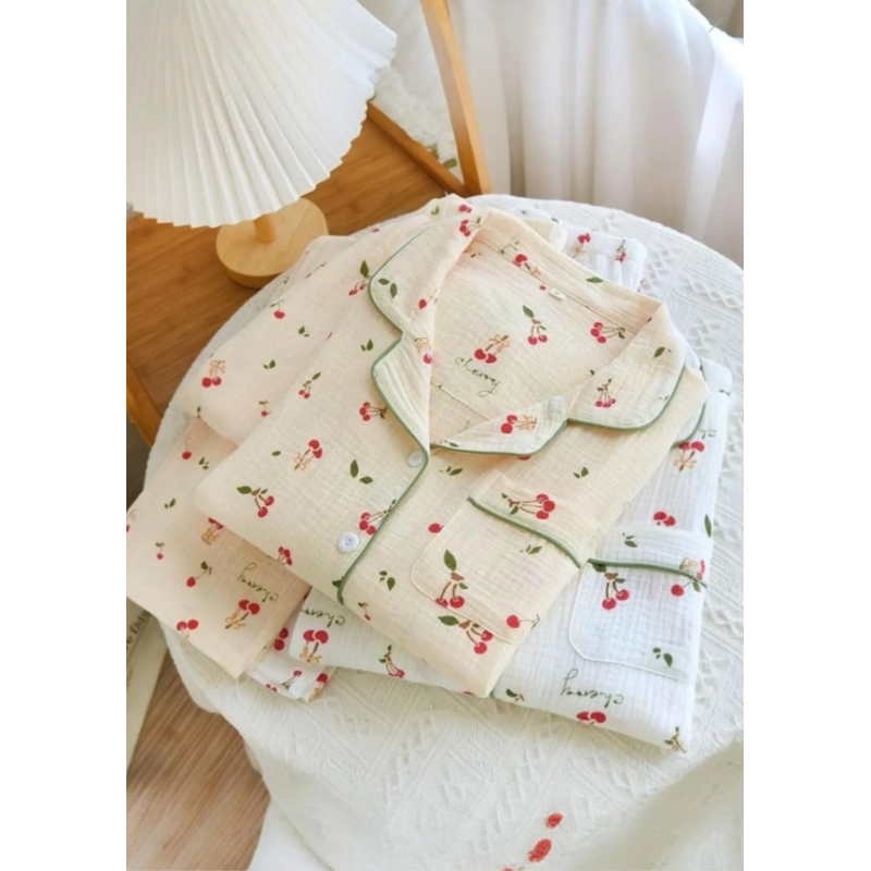 Beatiful Krinkıl Örme Little Cherry Special Kumaş Pijama Takımı Beyaz