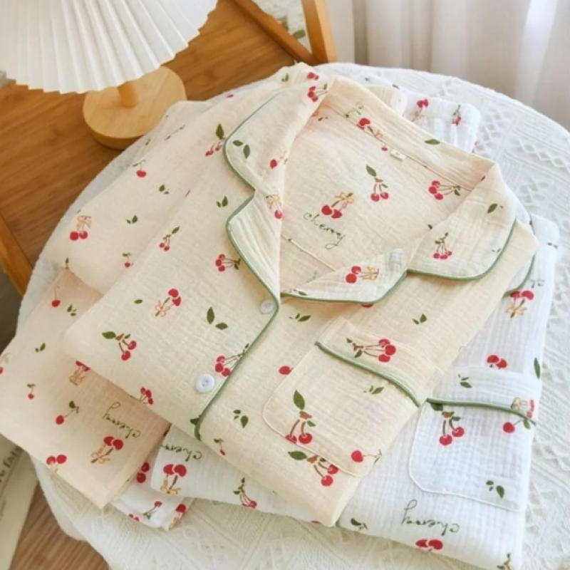 Beatiful Krinkıl Örme Little Cherry Special Kumaş Pijama Takımı Beyaz