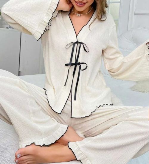 Krinkıl Önden Bağlamalı Black White Pijama Takımı