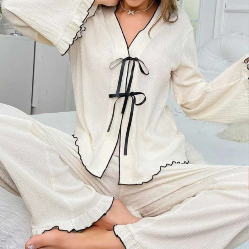 Krinkıl Önden Bağlamalı Black White Pijama Takımı