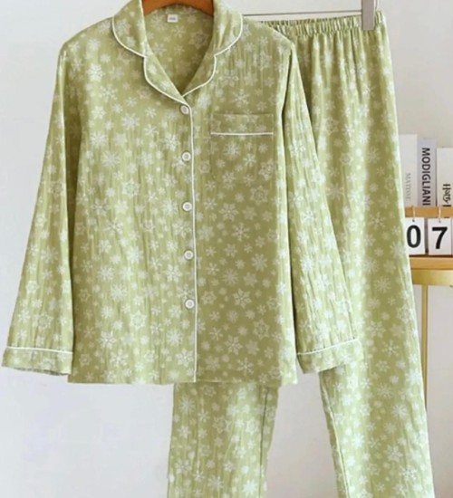 Beatiful Krinkıl Snowflake Örme Special Kumaş Pijama Takımı Yeşil