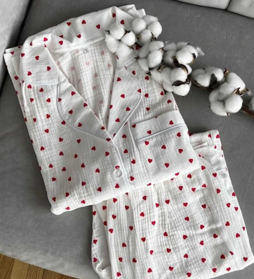 Beatiful Krinkıl Örme Kumaş Kalpli Pijama Takımı