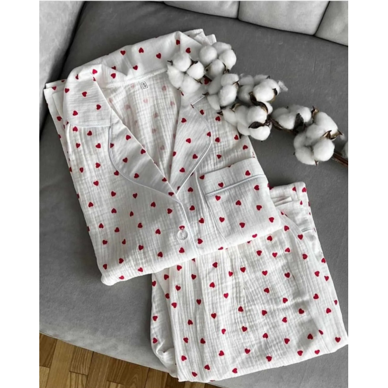 Beatiful Krinkıl Örme Kumaş Kalpli Pijama Takımı 