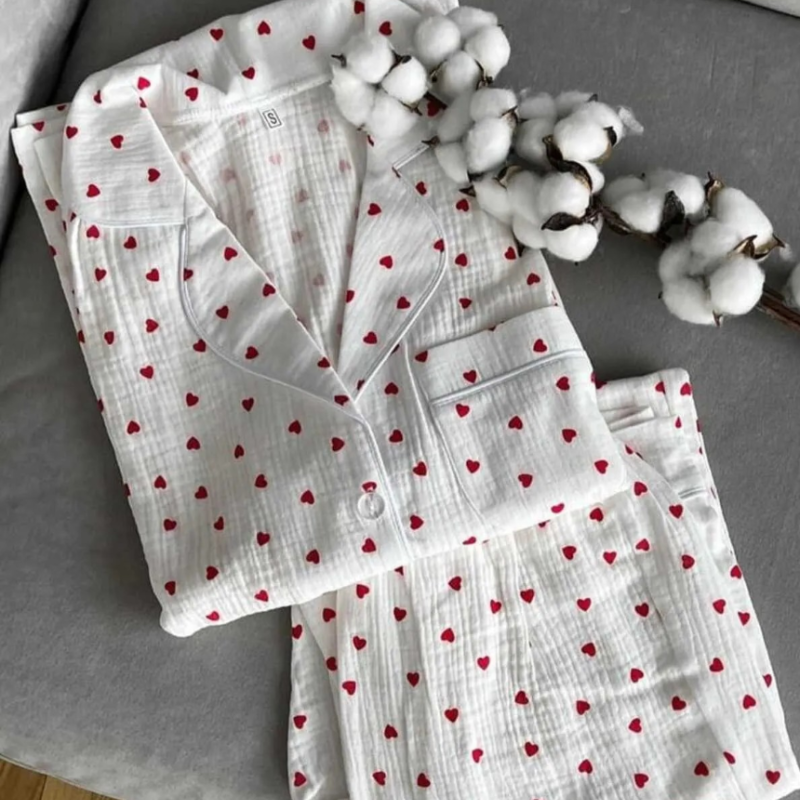 Beatiful Krinkıl Örme Kumaş Kalpli Pijama Takımı 